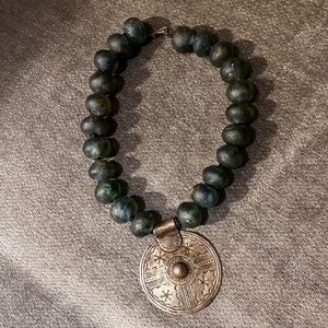 Exquisite African Blue-Green Glass Beaded Necklace with Medallion